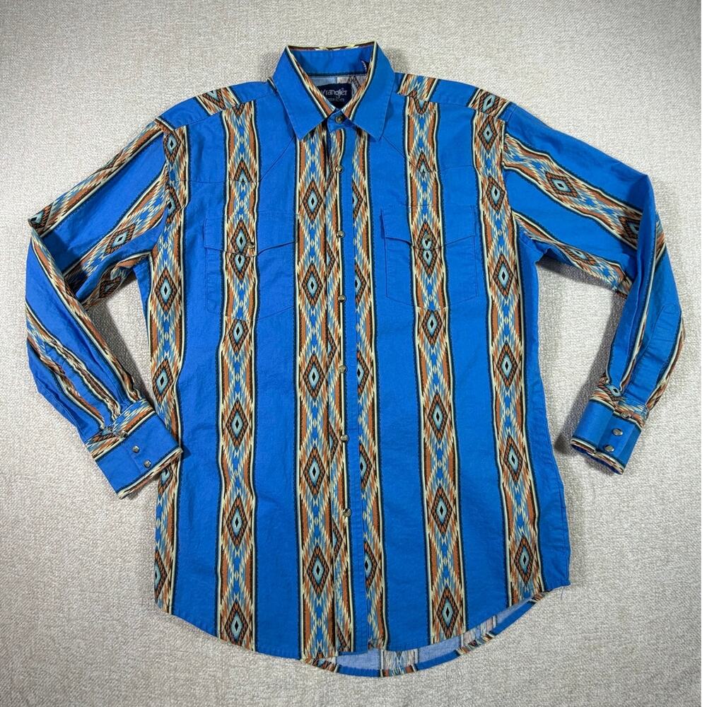 Wrangler Men's M Western Southwestern Snap Button Blue Long Sleeve Cowboy Shirt